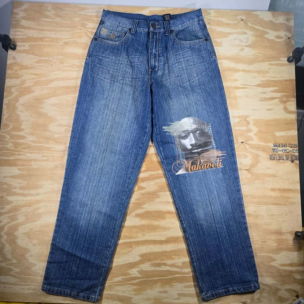 Y2K Makaveli Tupac Shakur Denim Jeans Blue Baggy Hip Hop 34x34